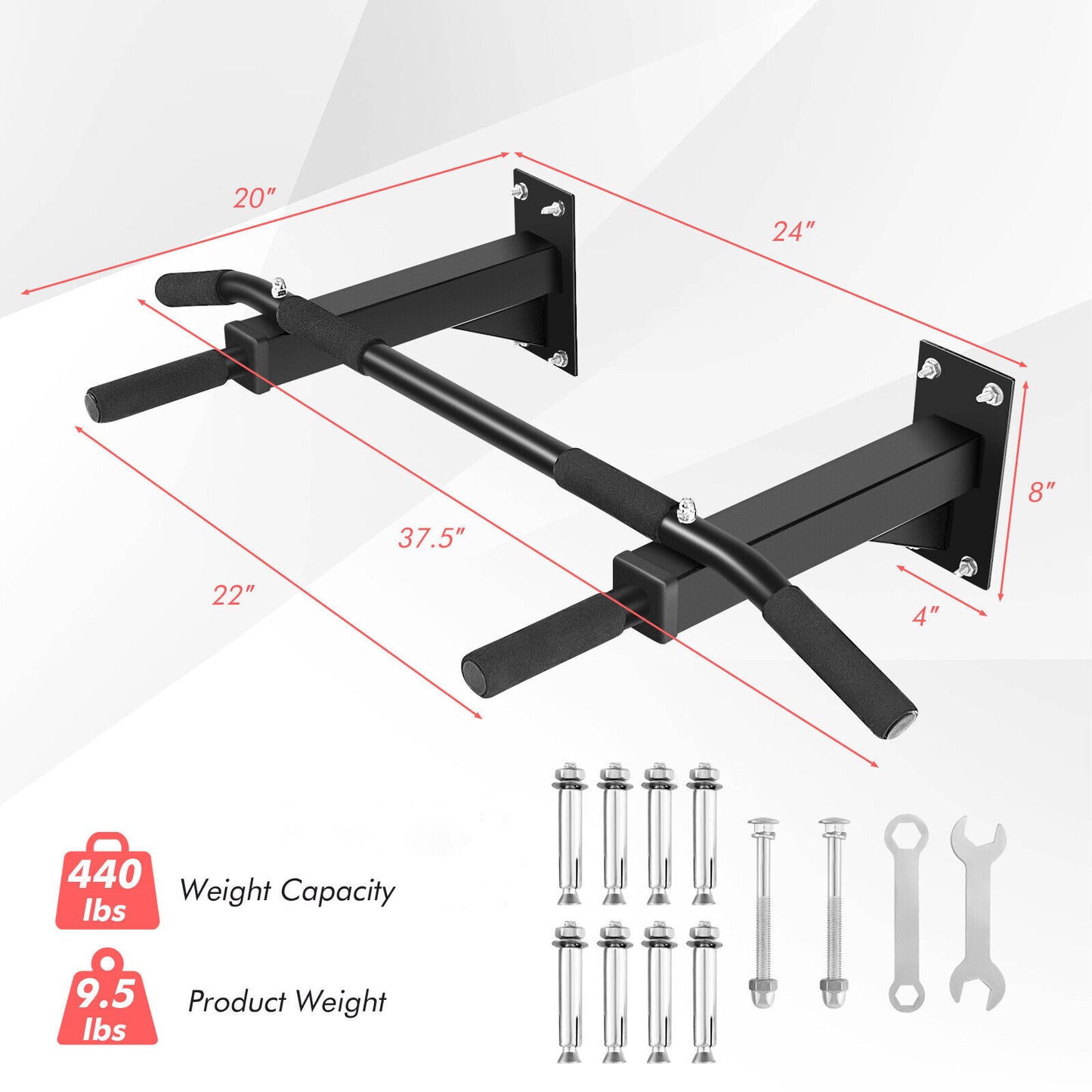 Wall Mounted Pull up Bar Heavy Duty Multi-Grip Chin up Bar W/Soft Foam Handgrips