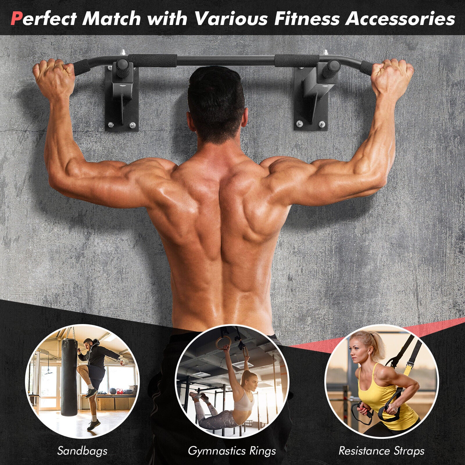 Wall Mounted Pull up Bar Heavy Duty Multi-Grip Chin up Bar W/Soft Foam Handgrips